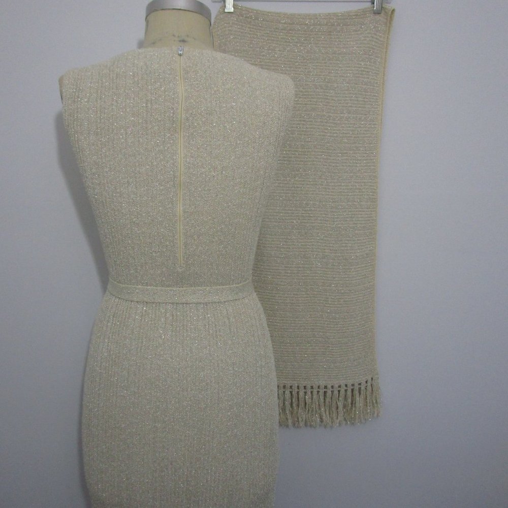 S 1960s Pinup Wiggle Bodycon Dress w Fringe Scarf Linen Champagne Metallic - Picture 10 of 11